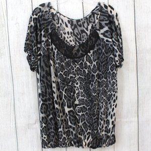 Sassy Gray & Black Snow Leopard Print Rayon & Lace Blouse